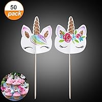Cake Topper Rainbow Unicorn Cupcake Toppers Double Sided Birthday Baby Shower Party Decorations Supplies Cupcake Pastry Unicorn Decorative Insert Props Plug Flags Cards 50 Pack (Unicorn 50)