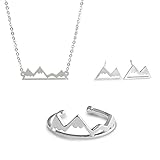 Silver Mountain Jewelry Set - Necklace, Earrings and Rings Package for Outdoor Lovers, Hikers, Skiers, Snowboarders, Hiking Enthusiasts, Snow Mountain Lovers, Mountain Cabin (Silver Tone)