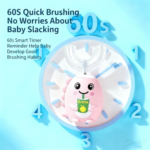 Cartoon Kids U-Shaped 360º Ultrasonic Electric Toothbrush cleaning Gift Box Set,Blue Led-Lights| IPX7 Waterproof | 5 Modes | 50s Smart Timer | 360° Full Mouth Cleaning Automatic(2-12age) (Pink)
