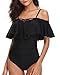 Holipick Black Women Strapless One Piece Swimsuits Tummy Control Bathing Suit Ruffle Off Shoulder Swimwear with Sleeves M