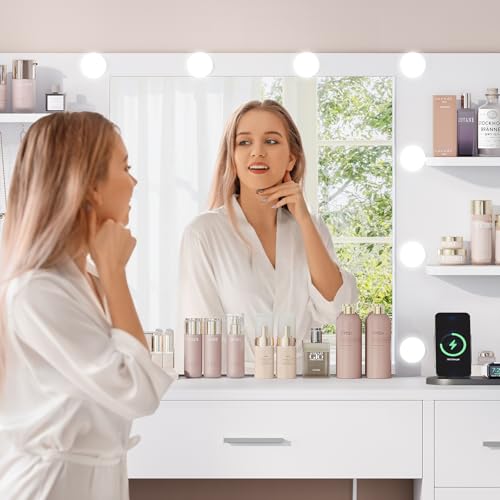 TEENFON Large Vanity Desk with 9 Drawers & Power Outlet, 6 Open Shelves and 5 Jewel Hooks, Makeup Vanity with Lighted Mirror, 3-Color LED & Adjustable Brightness, Dressing Table for Bedroom, White