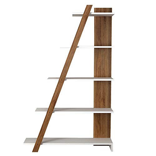 Casamudo Modern Ladder Shelf, Wood Leaning Bookshelf, White and Walnut