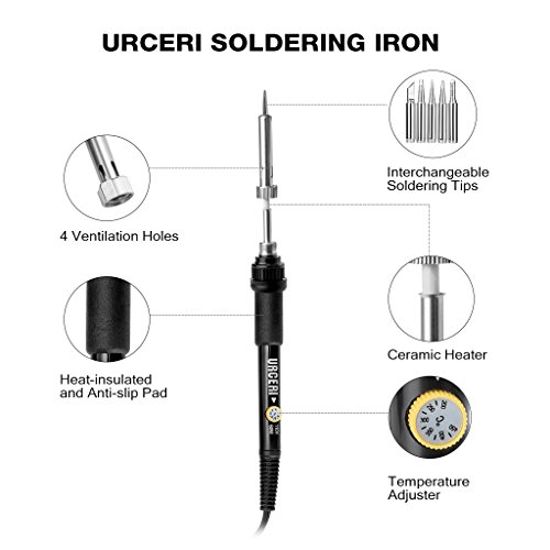 URCERI Soldering Iron Kit, 26-in-1, 60W 110V 6 pcs Interchangeable Tips Carry Case Adjustable Temperature Welding Tool with Desoldering Pump, Stand, ESD Tweezers, Solder Wick, Wire Stripper Cutt