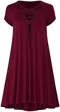 MissyLife Women's Short Sleeve Front Lace Crochet Hollow Out Casual Loose Tunic Swing T-Shirt Dress(Winered,S)