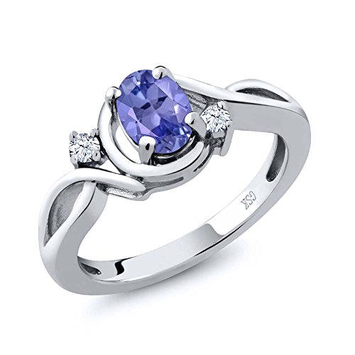 0.90 Ct Oval Blue Tanzanite and White Topaz 925 Sterling Silver Women's Ring