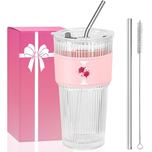 AiHeart Initial Glass Cup Straw Lid Ribbed