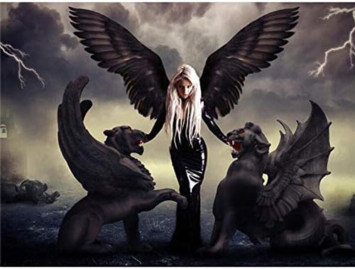 Zimal Diamond Embroidery Angel Demon Dragons Diamond Dots Pattern 5D DIY Round Paintings Cross Stitch Mosaic Stickers Decor 11.8 X 15.8 Inch