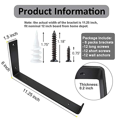 Shelf Brackets 12 Inch Black 6pcs Wall Bracket for Shelves 1/5 Inch