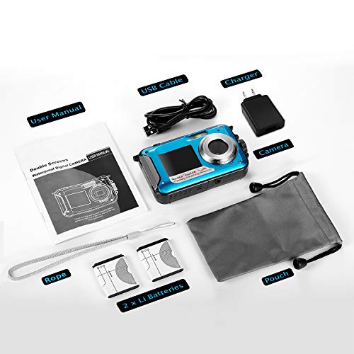 Waterproof Digital Camera Full HD 1080P Underwater Camera 24MP Video Recorder Camcorder Point and Shoot Camera Selfie Dual Screen Waterproof Camera for Snorkeling with Charger