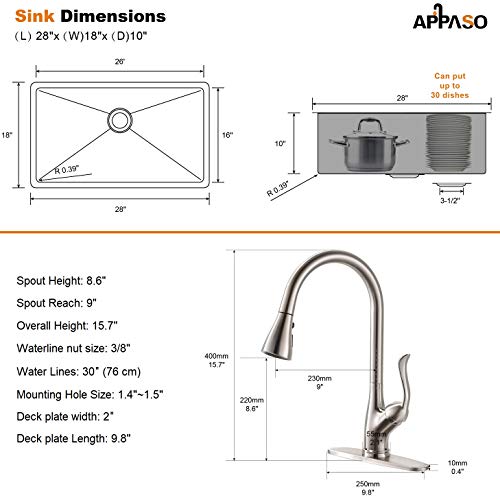 APPASO 28 Inch Single Bowl Kitchen Sink and Faucet Combo Set, Stainless Steel Kitchen Sink