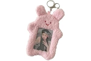 Pink Cute Plush Photocard Holder With Keychain, Cartoon Bear Rabbit Cat Sleeve Protective Case, Albums, Frames and Accessorie