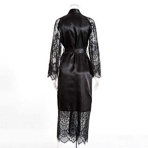 Womens Lace Trim Kimonos Robes Long Satin Gown Bathrobe Sleepwear Lace Sleeve Loungewear with Belt Black - Thumbnail 3