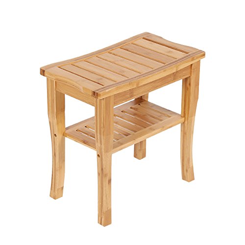 Peach Tree Home Bamboo Shower Seat Bench Spa Bath Deluxe Organizer Stool With Storage Shelf For Seating Indoor & Outdoor Bathtub Shower Chair Spa Seat (18.7" x 9.6" x 17.7" Shower Bench)