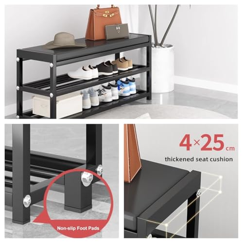 Beauenty Shoe Rack with Seat,2-Tier Shoe Rack Bench with Leather Cushion, Durable Steel Frame Shoe Stool Rack Shelf for Entryway Bedroom Living Room Balcony (90x25x41cm)