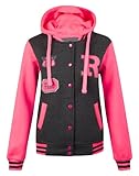 New Womens Ladies R Varsity Contrast Sleeve Baseball Bomber Hoodie Hooded Jacket - BLACK - UK 14 / AUS 16 / US 10