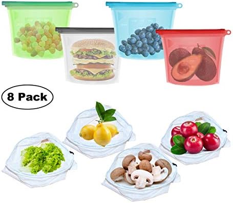 Silicone Food Storage Bags HIDARLING Set of 4 Leak-Proof & Freezer-Proof Reusable Food Bags for Lunch/Travel/Makeup and 4 Fruit Mesh Bags (Four Colour)