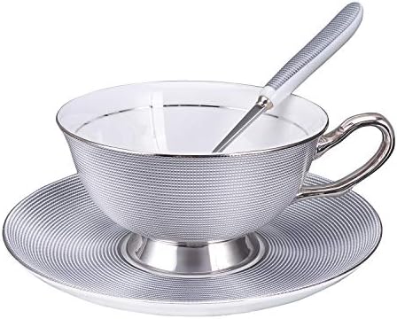 Faliilove Bone China Coffee Cup with Saucer, Silver Gray Tea Cup and Saucer and Spoon Luxury 8 oz Mug Gift Set