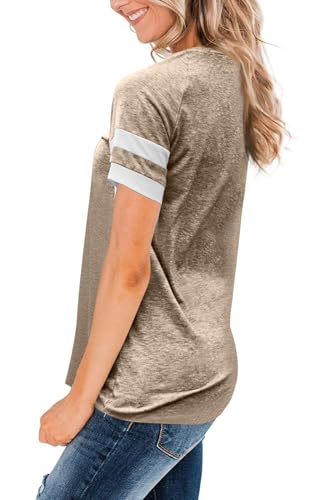 WOMENS T SHIRTS SHORT SLEEVE TUNIC TOPS LOOSE CREWNECK COLOR BLOCK CASUAL TEE SHIRTS BLOUSES KHAKI