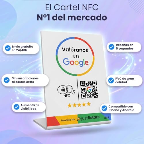 just5stars - NFC and QR Support for Google Reviews - No Subscriptions - PVC, 10.8 X 16.5 cm, Professional Design. Display/Display/Stand (Black)
