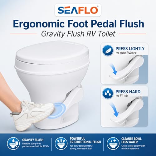 SEAFLO RV Toilet with Sprayer Attachment - White, 18.4” Residential Height, Gravity Flush Foot Pedal Camper Toilet Soft Close Seat Elongated Bowl Motorhome, 4-Year Warranty, SFRTPH-01-02