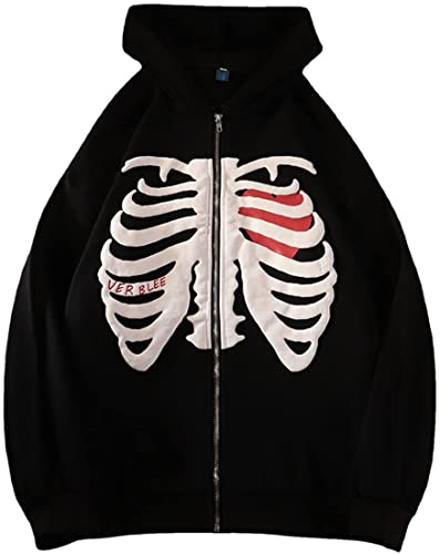 YINGKE Femme Zip Up Sweat à Capuche Manches Longues Skeleton Sweat Y2K Goth Harajuku Hoodie E-Girl Streetwear (L, Noir)
