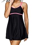 Zando Vintage Colorblock One Piece Swimsuits Tummy Control Swimwear Adjustable Straps Bathing Suit Swimdress for Women Sexy Black Rose Red 2XL (US Size 12-14)