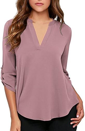 Sisiyer Women's Casual V Neck Cuffed Sleeves Solid Chiffon Blouse Top Pink XX-Large