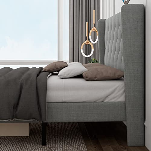 Feonase Full Size WingBack Bed Frame, Upholstered Platform Bed Frame
