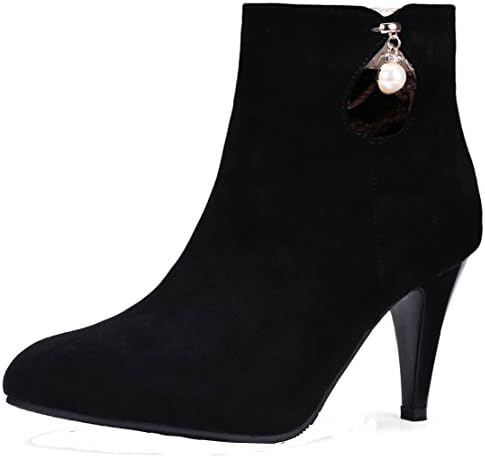 AIYOUMEI Women's Round Toe Side Zipper Stiletto High Heels Suede Autumn Winter Ankle Boots with Pearls
