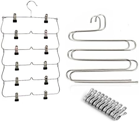 2 Pants Hangers and a 6 Tier Folding Metal Skirt Hanger, HuaQi Closet Organization and Stainless Steel Clothes Hangers with 10 Clips for Space Saving Storage (13 pieces)