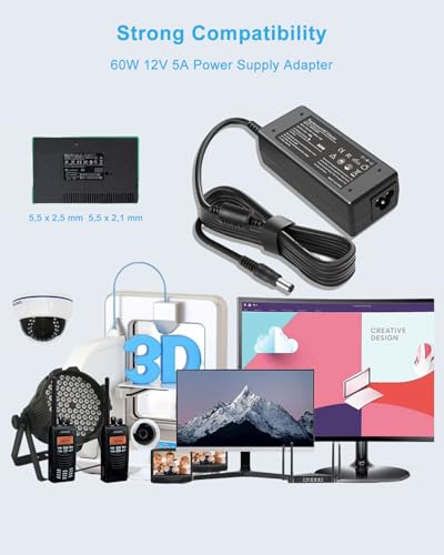 Power Supply 12 V 5 A 60 W Power Supply for LED Strips, LED Light Strip, TV, DVD TVs TFT Screen Monitor, NAS, EXT. Hard Drives, for Pico-PSU to Power Supply Adapter 5.5 x 2.5/2.1 mm