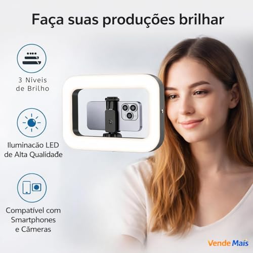 Ring Light LED Portátil com Suporte para Celular Universal e Controle de Luz Fria Quente e Neutra I Iluminador para Selfie Vídeo Foto Maquiagem e Gravação I Vende Mais