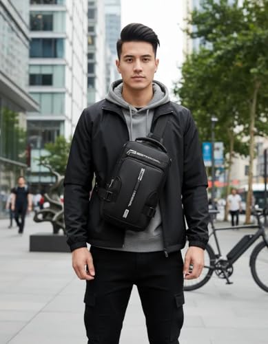 Bolsa Masculina Transversal Impermeável, Mochila com Saída USB, Pochete Grande em Poliéster, Alça Ajustável para Tablet e Celular