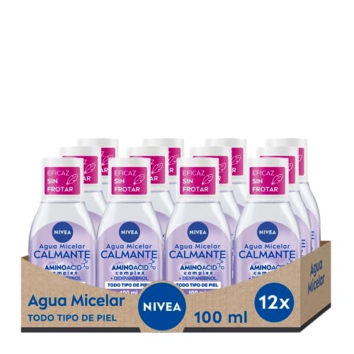 Agua Micelar Calmante Mini - Desmaquillante Facial - Con Dexpantenol - Desmaquillador Ojos, Rostro y Labios - Limpia Sin Frotar - Hidrata - Calmante - Todo Tipo de Piel - Pack de 12 x 100 ml