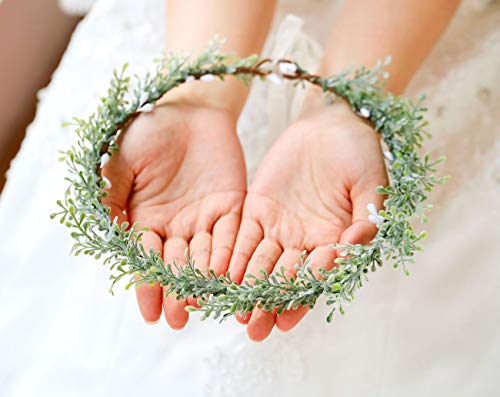 Campsis Wedding Crown Green Wreath Garland with Ribbon Bridal Hair Wreath Halo for Women and Girls