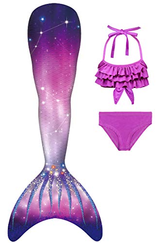 YORKING Mermaid Tails for Swimming, Cosplay Swimmable Costume, Bikini Swimsuit for Girls and Kids (No Monofin) - Aurora 3pcs-130