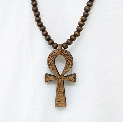 Fashion 21 Egyptian Ankh Cross Pendant 8mm 36" Wooden Bead Necklace Brown- Tone XJ217BRN