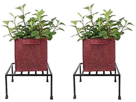 Rise Corp Iron Square Flower Pot Stand Planter Heavy Duty Plant Display Stand with Geo Fabric Square Grow Bags for Home Balcony & Terrace Gardening Pack of 2 (12*6 inch) with 2 grow bags(8*8 inch)