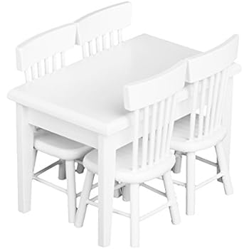 Lowpricenice 5pcs White Dining Table Chair Model Set 1:12 Dollhouse Miniature Furniture