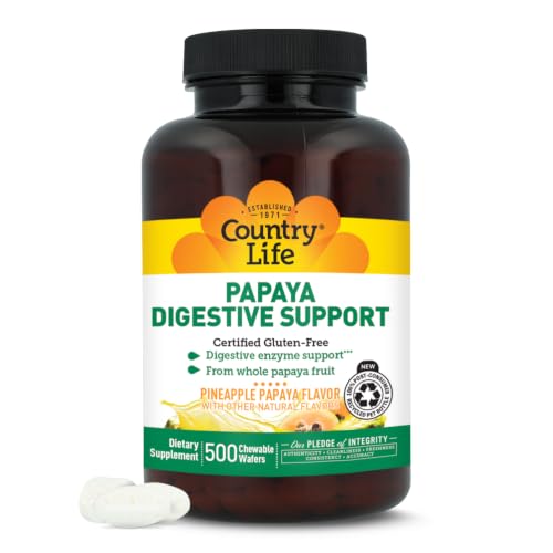 Country Life Chewable Papaya Enzymes for Digestion Support - Natural Pineapple & Papaya Flavor, Assists with Nutrient Absorption, Contains Papain & Protease - 200 and 500 Wafers Available | Chewable, Digestion Support, Assists Nutrient Absorption, Contains Papain & Protease