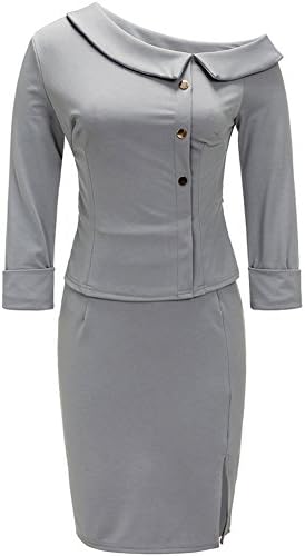 Bodycon4U Womens Business Dress 2 Piece Suit 3/4 Sleeve Doll Collar Peplum Top Bodycon Skirt
