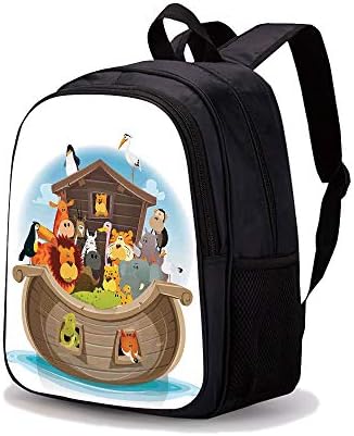 13.7" Print Sublimated Backpack,Noahs Ark,Various Animals Inside Noahs Ark Lion Elephant Giraffe Monkey Zebra Ocean Image,Multicolor,for Boys and Girls