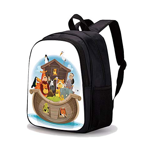 13.7" Print Sublimated Backpack,Noahs Ark,Various Animals Inside Noahs Ark Lion Elephant Giraffe Monkey Zebra Ocean Image,Multicolor,for Boys and Girls
