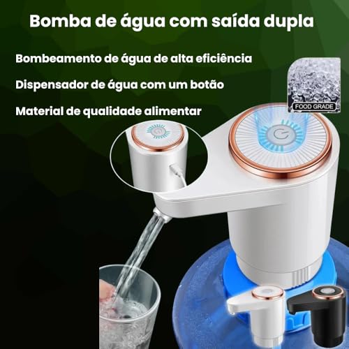 BOMBA DE ÁGUA ELÉTRICA AUTOMÁTICA PARA GALÃO – Recarregável USB, Fluxo Rápido 4X Mais Potente, Saída de Água Dupla – Ideal para Galões 5L, 10L e 20L (Preto)