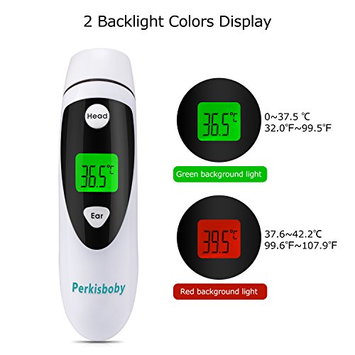 Forehead and ear thermometer for baby, perkisboby infrared medical digital forehead thermometer with ear function fever indicator high accuracy for kids adult
