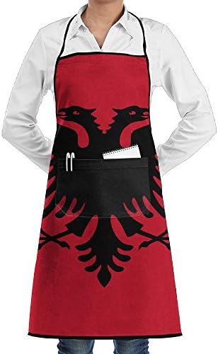 Albanian Flag Apron Lace Adult Mens Womens Chef Adjustable Polyester Long Full Black Cooking Kitchen Aprons Bib With Pockets For Restaurant Baking Crafting Gardening BBQ Grill