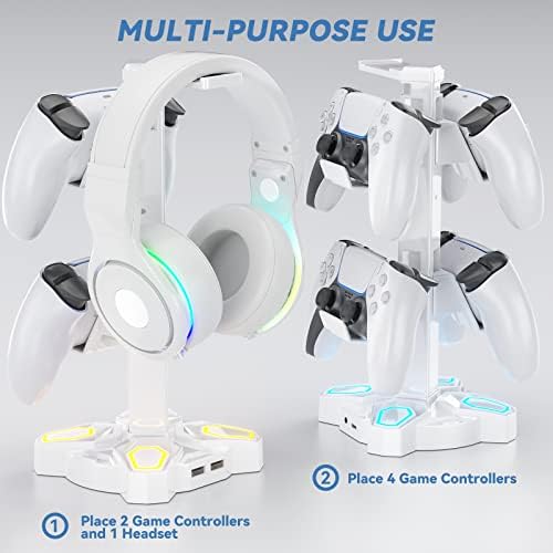 Gaming Headset Halterung LED mit USB Typ-C Ladegeräten, Universal Kopfhörer Halter & Controller Halter mit 9 Lichtmodi, Drehbare Headset Ständer mit 3,5mm AUX für Alle Kopfhörer PS4 Xbox (Weiß)