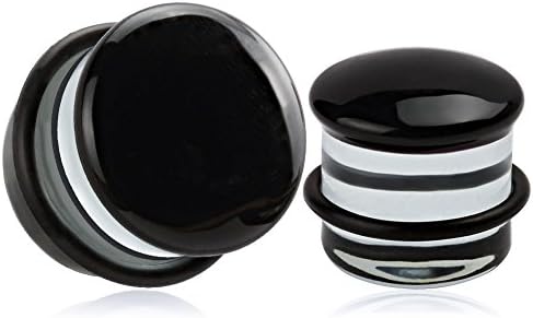 KUBOOZ(1 Pair Black-Surface Glass O-Ring Ear Plugs Tunnels Gauges Stretcher Piercings 8g