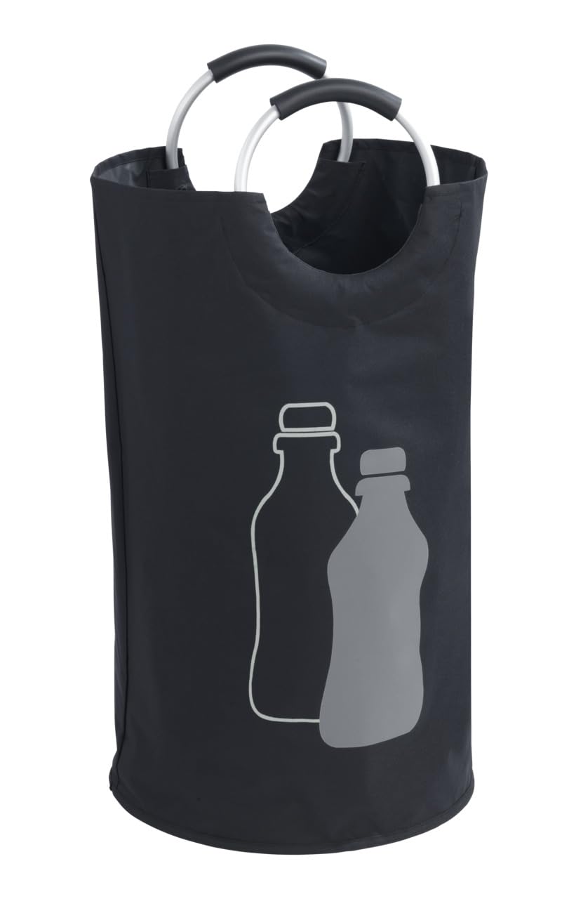 WENKO Jumbo bottle collector, 69 litres, bottle bag with decorative print & soft grip aluminium handles for easy transport of empty glass bottles, 100% polyester, 38 x 72 cm, black