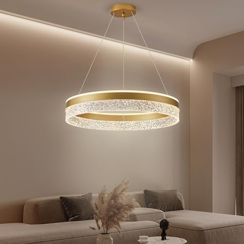 KSIBNW Dimmable LED Pendant Chandelier, Modern Chandelier Bedroom Living Room Adjustable Round Diameter 50 cm Acrylic Metal Pendant Light Gold Hanging Kitchen Lights, 3000 K/4000 K/6000 K